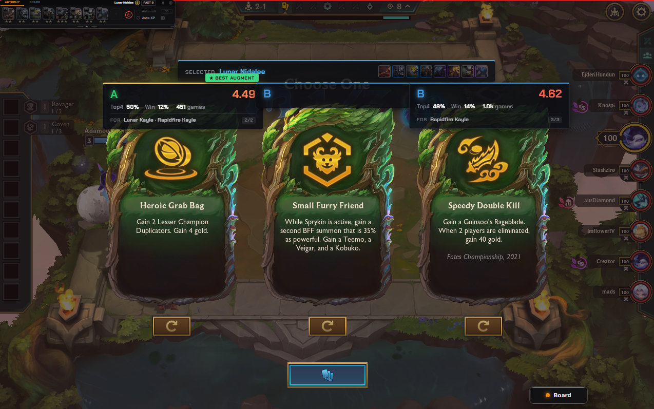 NoxuTFT augment overlay rating three TFT augments with grade, average placement, top 4 and win rate