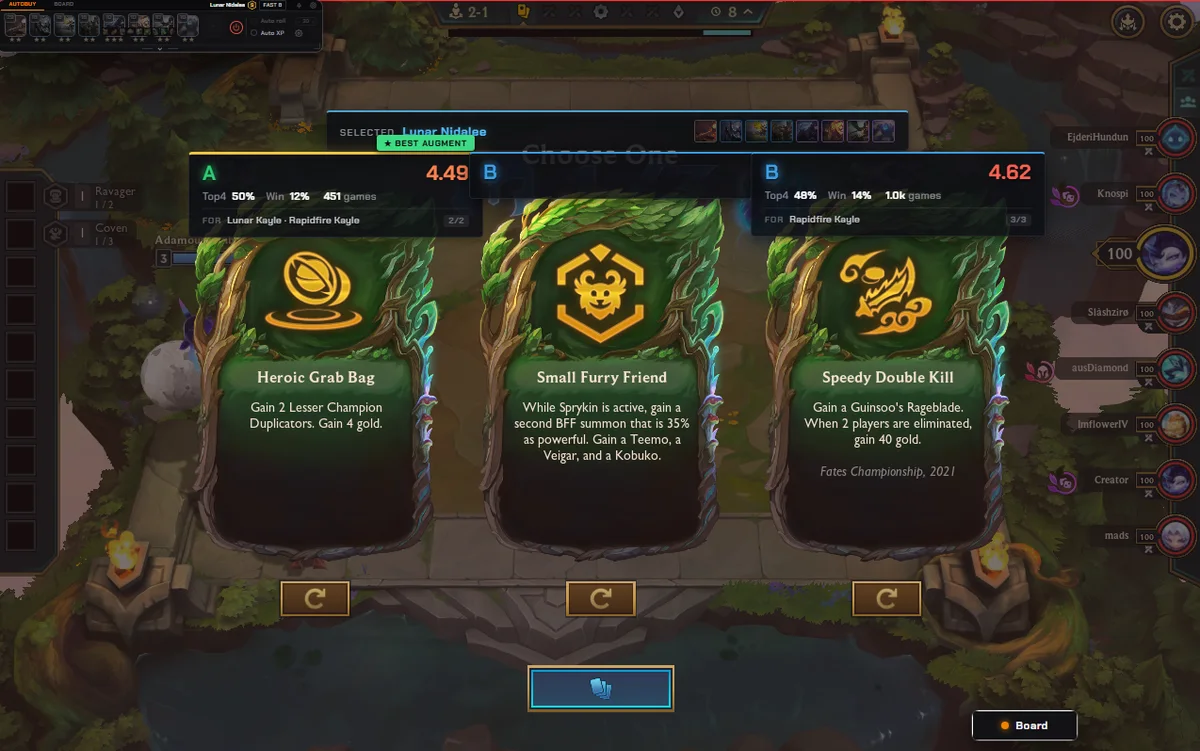 NoxuTFT augment overlay rating three TFT augments with grade, average placement, top 4 and win rate