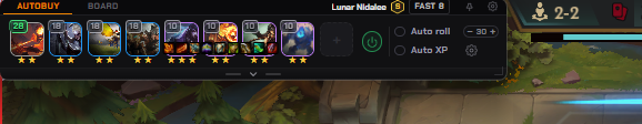 NoxuTFT auto-buy bar with target TFT champions, star levels and auto roll and auto XP toggles