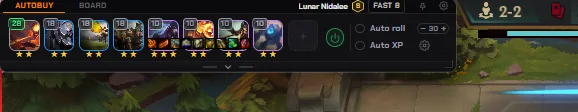 NoxuTFT auto-buy bar with target TFT champions, star levels and auto roll and auto XP toggles
