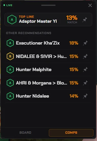 The NoxuTFT board panel listing alternative comps that match the current board