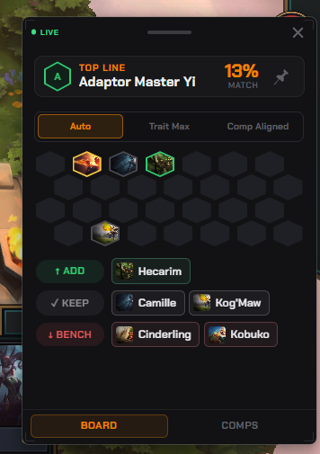 NoxuTFT board AI panel suggesting TFT champions to add, keep or bench with comp match percentage