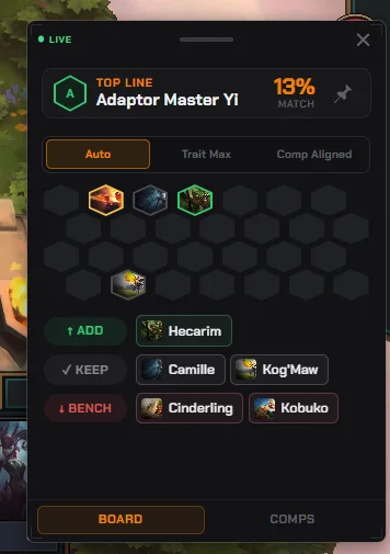 NoxuTFT board AI panel suggesting TFT champions to add, keep or bench with comp match percentage