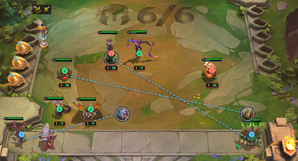NoxuTFT AI board overlay drawing arrows on a TFT board to show where to move each champion