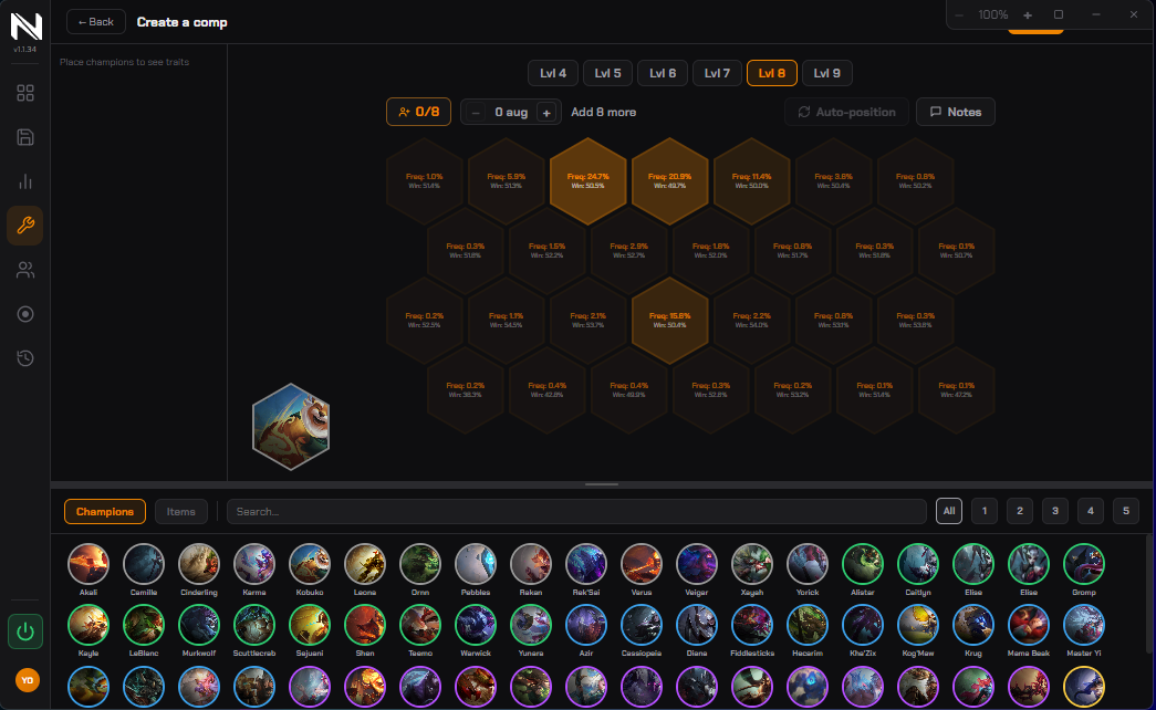 NoxuTFT comp builder with a TFT hex board showing placement frequency and win rate per hex