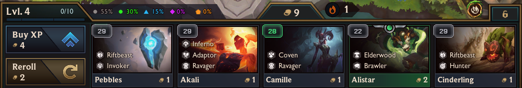 TFT shop with the NoxuTFT pool tracker showing remaining champion copies and level roll odds